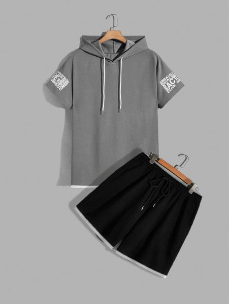

extended sizes men letter graphic drawstring hooded tee with shorts a6bb#, Gray