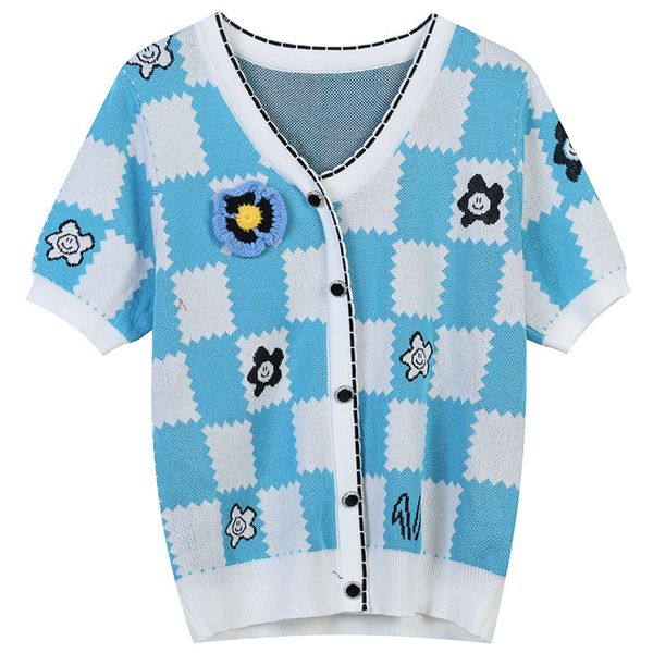 

510 2022 summer kint short sleeve crew neck brand same style sweater blue cardigan luxury womens clothes mingmei, White;black