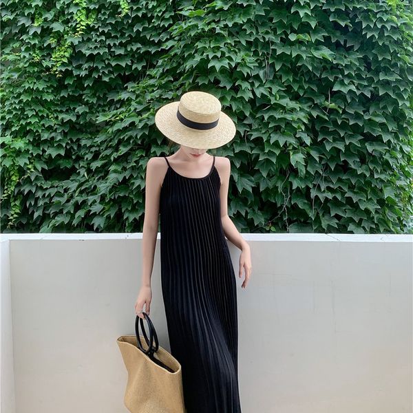 

vintage pleated elegant loose slimming black camisole dress womens summer seaside vacation dress beach, White;black
