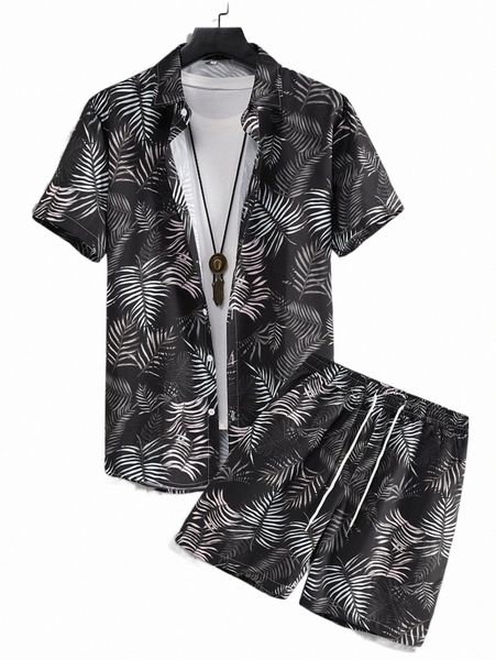 

men 1pc tropical print shirt & 1pc drawstring waist shorts u3my#, Gray