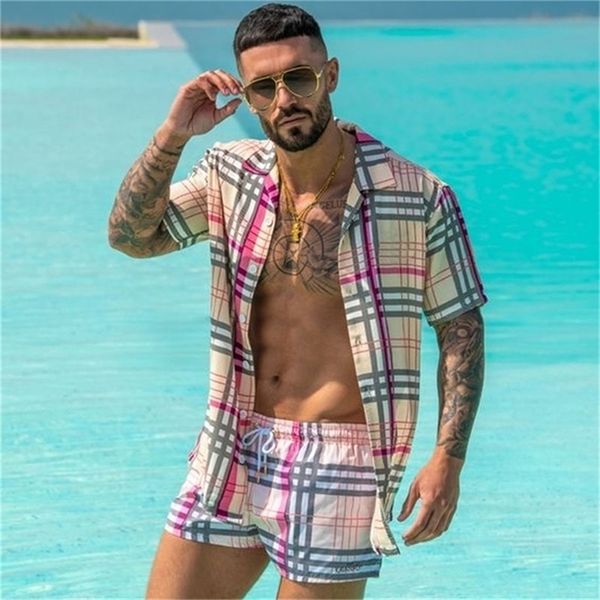 

grid hawaiian set mens printing short sleeve summer casual floral shirt beach two piece suit fashion men s s 3xl 220613, Gray