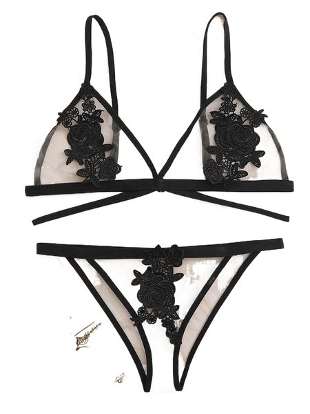 

flower crochet sheer lingerie set r4s6#, Black;red