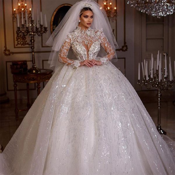 

luxury wedding dresses for women 2022 bride vintage ball gown lace sequin robe de mariage long sleeve vestido de novia, White