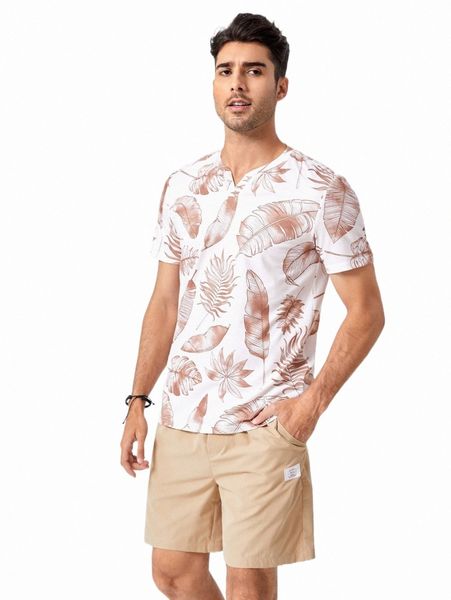 

men tropical print tee & letter patched detail drawstring waist shorts f1xl#, Gray