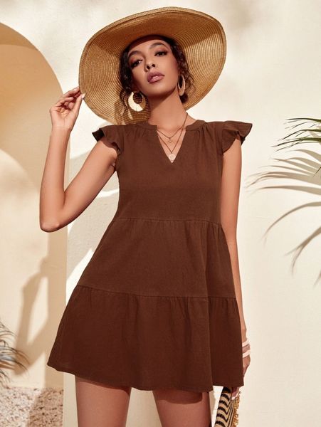 

notched neck butterfly sleeve ruffle hem smock dress e7zp#, Black;gray