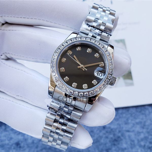 Caijiamin - Relógio de luxo feminino 2813 anel de diamante mecânico automático 28/31mm mostrador preto pulseira de aço inoxidável 904l