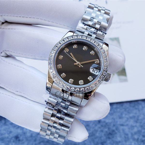 

ladies watch 2813 automatic mechanical diamond ring 28/31mm black dial 904l stainless steel strap, Slivery;brown