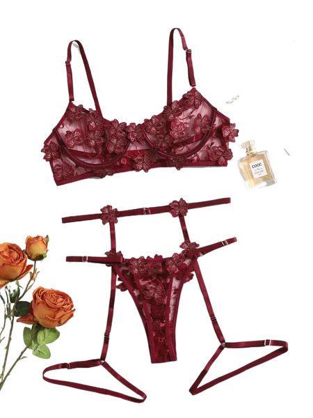 

floral embroidery mesh underwire garter lingerie set s99y#, Black;red