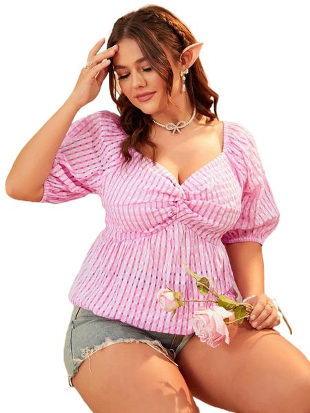 

plus plaid sweetheart neck twist bust puff sleeve peplum blouse h5cb#, Black