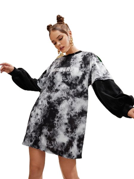 

x anya letter graphic tie dye sweatshirt dress r91n#, Black