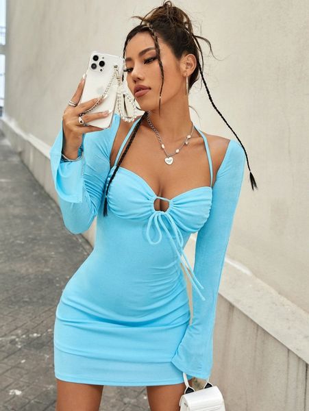 

drawstring front halter neck trumpet sleeve bodycon dress 02ue#, Black;gray
