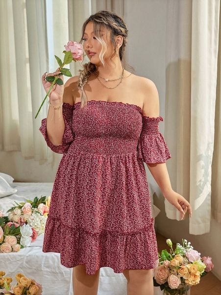 

plus plant print shirred off shoulder ruffle hem dress e2eo#, Black