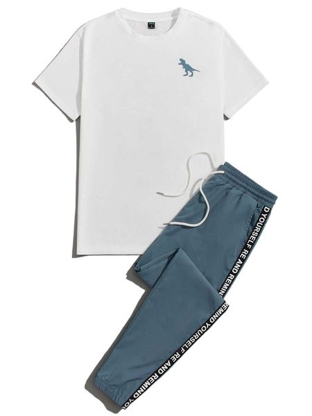 

men dinosaur print tee & slogan graphic tie waist pants set l0ag#, Gray