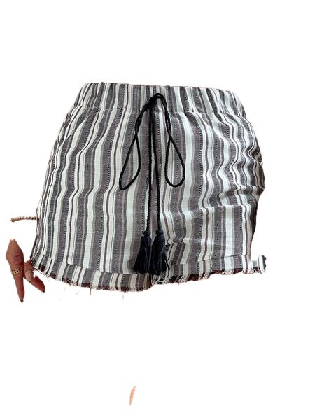 

striped tassel tie waist raw cut shorts 58nf#, White;black