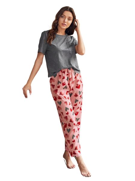 

heart print patched pocket pj set 70ra#, Black;red