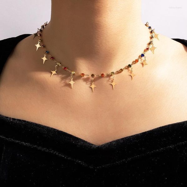 Juorest Trendy Chocker Star Collana Fashion Catena di cristallo multicolore Ciondolo retrò Catene di gioielli Boho in metallo dorato