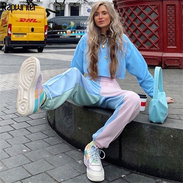 

rapwriter fashion panelled patchwork sweatpants women 2020 harajuku stretch high waist pants streetwear loose jogger trousers lj201029, Black;white