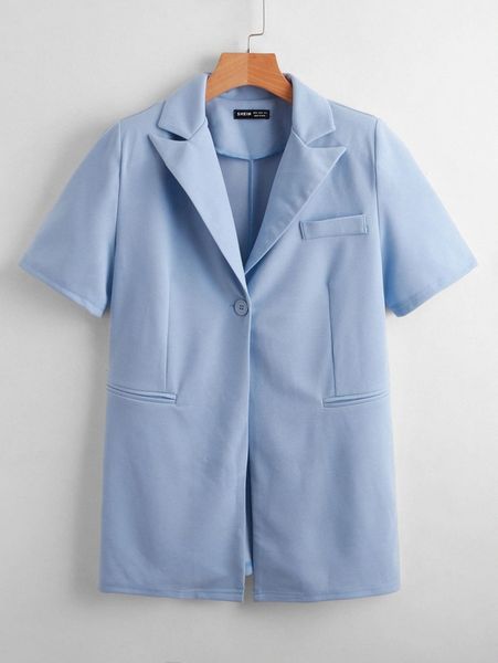 

lapel collar short sleeve longline blazer z3gg#, White