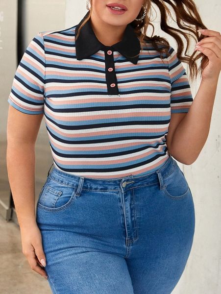 

plus block striped polo neck tee s1ai#, Black