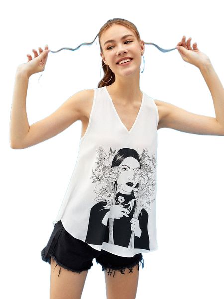 

x sivan karim curved hem floral and figure graphic tank x56o#, White