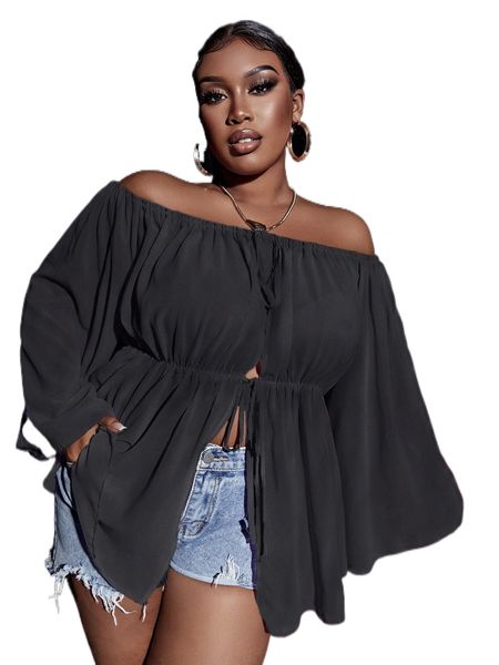 

plus off shoulder knot front split hem peplum blouse 89n0#, Black