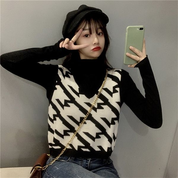 

jxmyy autumn korean version of loose v-neck vest female net red all-match knitted two-piece 210412, White;black