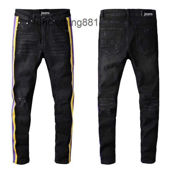 

european and american designer men jeans pants trend amirs creative lace hole slim fit small leg jeans section 682, Blue