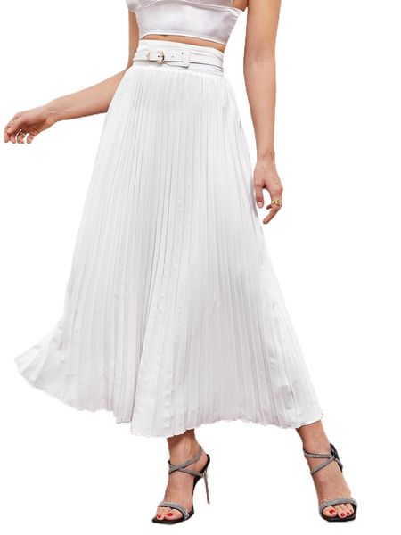 

solid high waist belted pleated skirt x78r#, Black