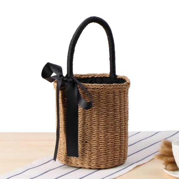 

retro bow bucket straw bag for womens summer leisure vacation woman handbag casual woven designer beach tote bag ladies 2022