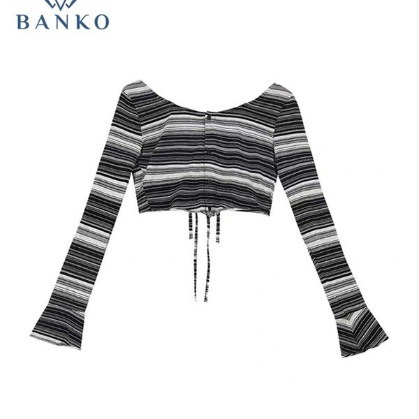

y2k harajuku gothic punk e-girl fashion stripe crop women club party slim long sleeve t shirt spring summer tee design 220425, White