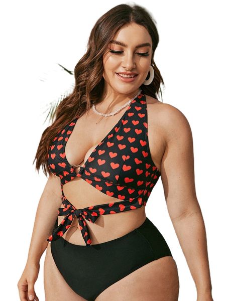 

plus heart pattern knot bikini a5z9#, Black