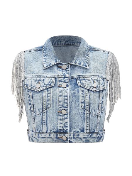 

contrast sequin fringe trim vest denim jacket 93mi#, Black;brown