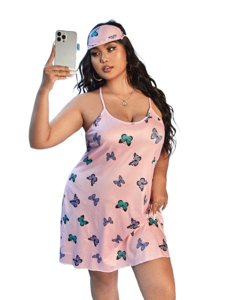 

plus butterfly print cami nightdress with eye cover 86os#, Black;white