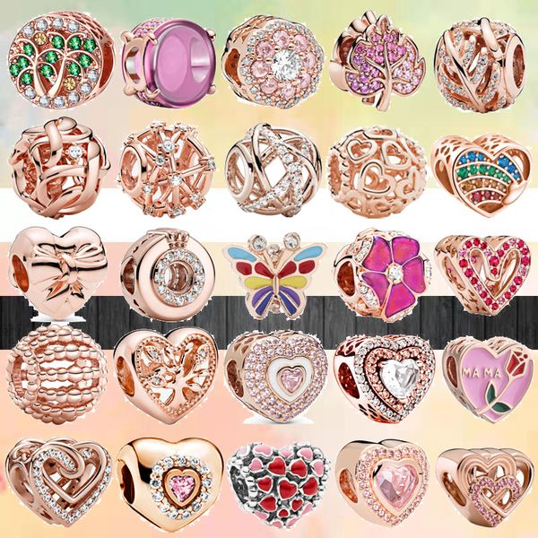 925-Armband-Charms für Pandora-Charm-Set, Originalverpackung, neues Roségold, Herz, Blume, Schmetterling, Krone, durchbrochene europäische Perlen, Halsketten-Charms-Schmuck