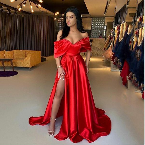 

red satin long evening dresses side slit off the shoulder pleats women prom gowns formal party, Black;red
