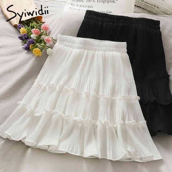 

casual ruffles skirt women high waist mini solid white black pleated aline summer office lady fashion skirts 210415