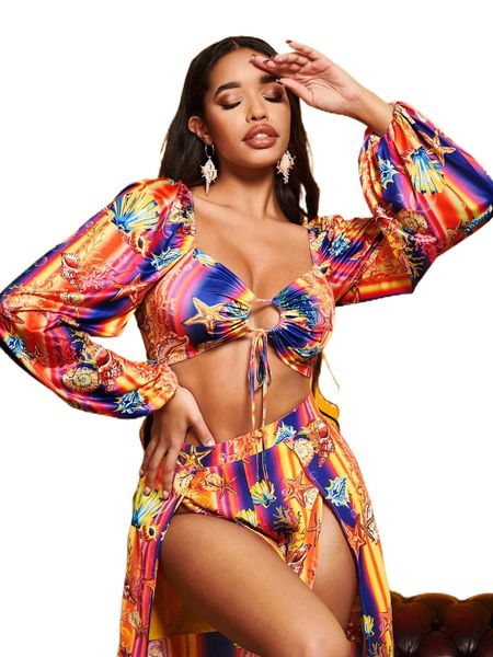 

sxy marine life and striped print lantern sleeve ruched tie front crop c5xx#, White