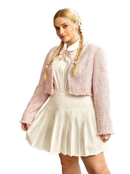 

plus plaid tweed raw cut open front overcoat 64bj#, Black