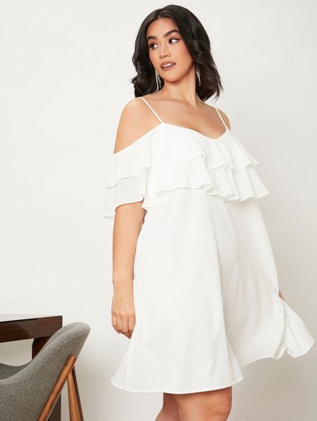 

plus cold shoulder ruffle trim dress 26n1#, Black