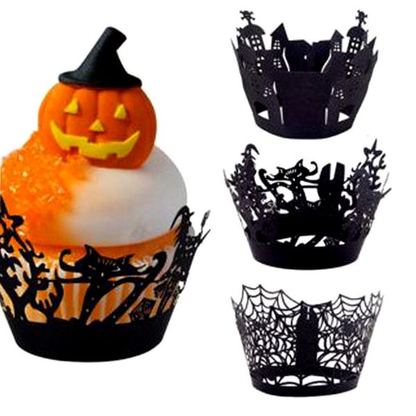 12PCS Halloween Laser Cutout Hollow Black Cups Cake Paper Edge Forniture per feste festive Decorazione Cat Tree Castle Bat Witch Spider Web YS0067