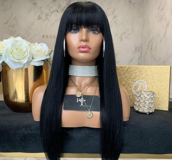 

european and american wig woman long straight hair with bangs soft hair silk export chemical fiber head cover, Black