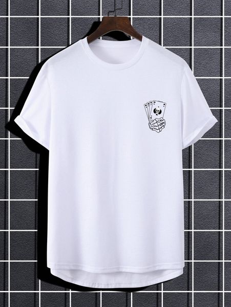

men skeleton & playing card print high low hem tee r0mz#, White;black
