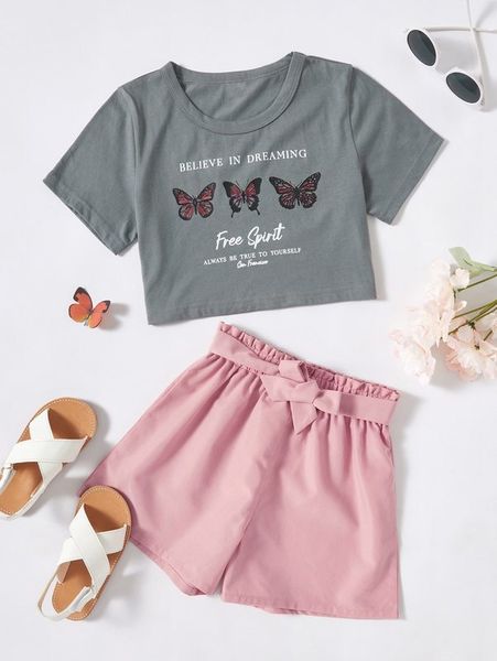 

girls slogan & tee & belted shorts she, White
