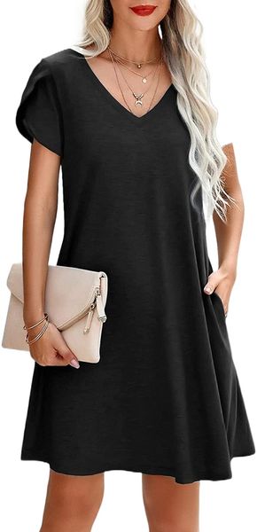 

vita women's tunic dress v neck t-shirts casual dress petal sleeve mini shift dress with pockets l0gz#, Black;gray