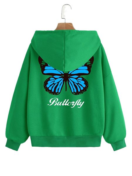 

letter & butterfly print thermal lined zip up hoodie d89n#, Black