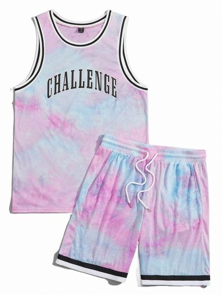 

men tie dye & letter graphic tank & drawstring waist shorts set 938r#, Gray