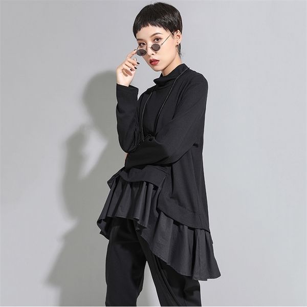

eam loose fit asymmetrical ruffles sweatshirt high collar long sleeve women big size fashion spring autumn 1a529 201203, Black