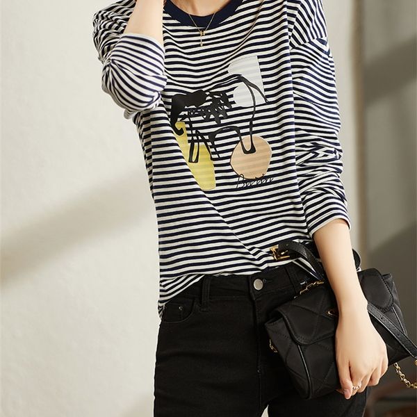 

vimly t shirt for women autumn cotton comfortable long sleeve printed loose casual t-shirts female clothing f8753 220321, White