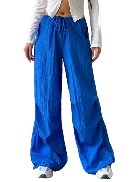 

solid drawstring waist wide leg pants s2ux#, Black;white