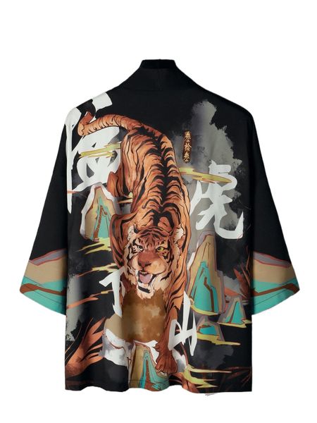 

men tiger & chinese letter graphic kimono without tee u4ki#, White;black